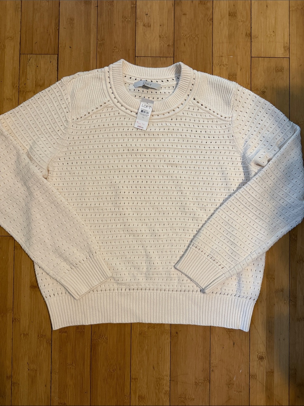 LOFT New XL Cream Open Knit Crewneck Sweater